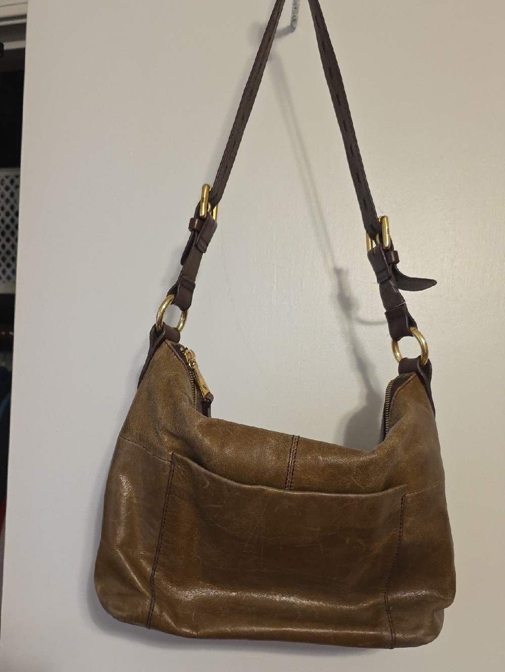HOBO Distressed Brown Leather Shoulder Hobo with Gold Hardware